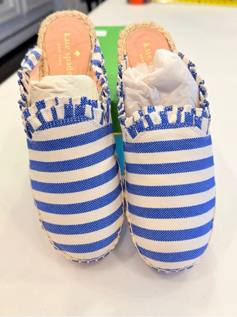 Kate Spade Laila Blue & Ivory Ruffle Espadrilles Mules Size 7.5 Slide Shoes NIB